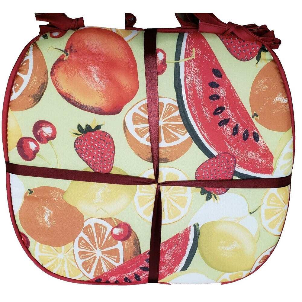 SET OF 4 CHAIR PADS CUSHIONS w/ties,15" x 15",WATERMELON & FRUITS ON YELLOW, BH
